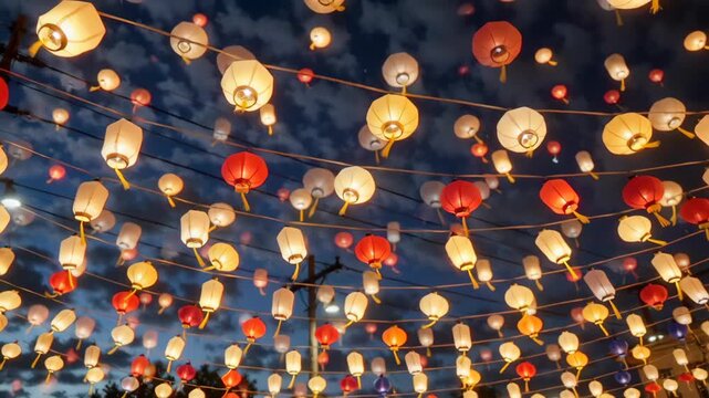 Colorful paper lanterns hanging against a twilight sky with scattered clouds, creating a festive atmosphere