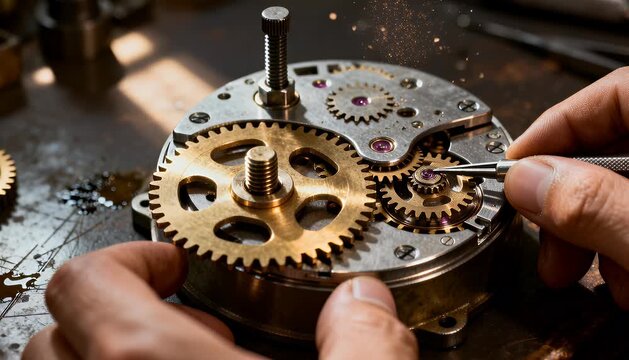 Close up of watchmaker assembling mechanical watch movement