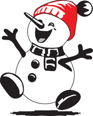 Happy cartoon snowman wearing a red hat