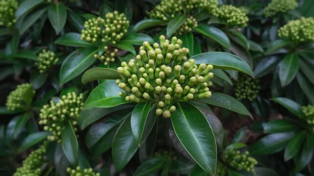 Green clove buds cinematic push-out, tightly clustered on the branch. Tropical spice, organic farming, and raw cooking ingredient concept.