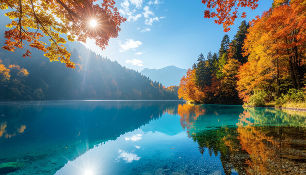 A tranquil turquoise lake reflecting a clear blue sky and mountains, framed by brilliant red and orange autumn leaves in a stunning forest landscape.