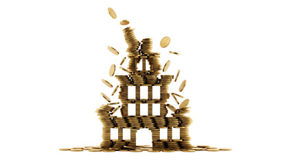 A precarious tower made of gold coins, symbolizing financial risk and instability. Coins are falling, isolated on transparent background