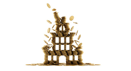 A precarious tower made of gold coins, symbolizing financial risk and instability. Coins are falling, isolated on transparent background