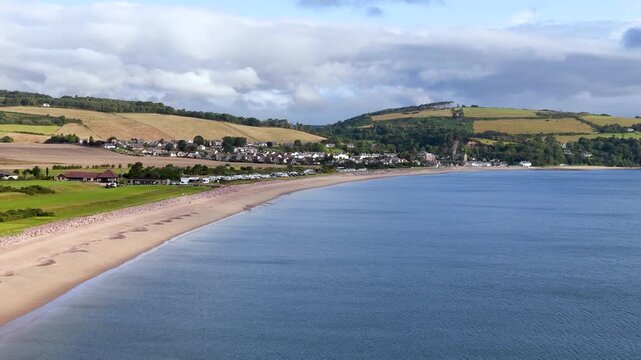 Aerial Pan Over Rosemarkie Beach and Coastal Village, Scotland