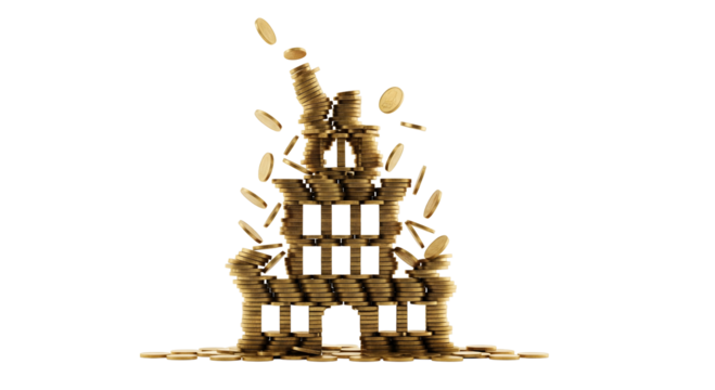 A precarious tower made of gold coins, symbolizing financial risk and instability. Coins are falling, isolated on transparent background