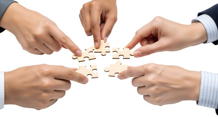 Hands of business people assembling puzzle pieces, symbolizing collaboration, isolated on transparent background