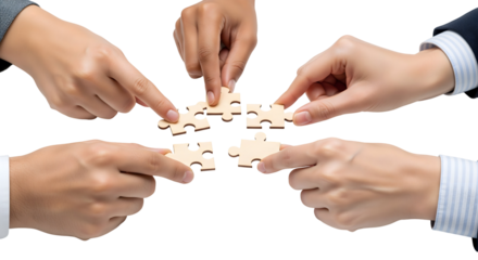 Hands of business people assembling puzzle pieces, symbolizing collaboration, isolated on transparent background