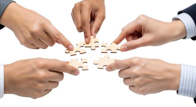 Hands of business people assembling puzzle pieces, symbolizing collaboration, isolated on transparent background - Powered by Adobe