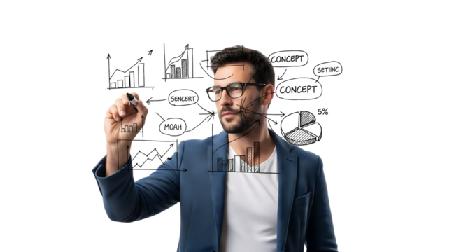 A businessman drawing financial diagrams, planning concept on glass, isolated on transparent background
