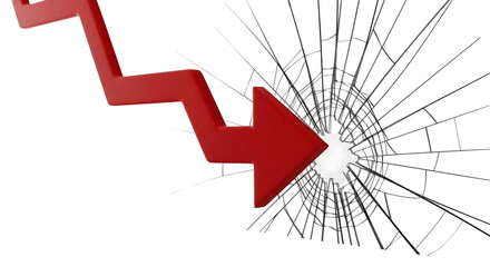 Red arrow going down through the cracked glass symbolizing decline and financial crisis. The glass shattered, the financial arrow falling, isolated on transparent background