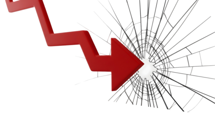 Red arrow going down through the cracked glass symbolizing decline and financial crisis. The glass shattered, the financial arrow falling, isolated on transparent background