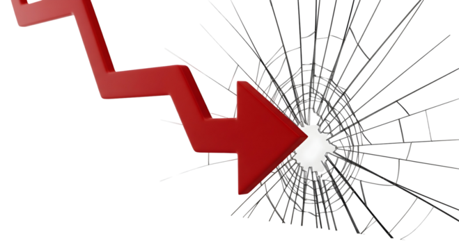 Red arrow going down through the cracked glass symbolizing decline and financial crisis. The glass shattered, the financial arrow falling, isolated on transparent background