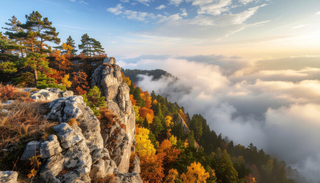 Panoramic view from a rocky mountain ridge, with golden autumn trees stretching into a valley covered by a sea of soft, ethereal morning mist. - Powered by Adobe