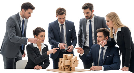 A team in a meeting, examining and pointing at a building model, isolated on transparent background