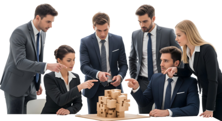 A team in a meeting, examining and pointing at a building model, isolated on transparent background