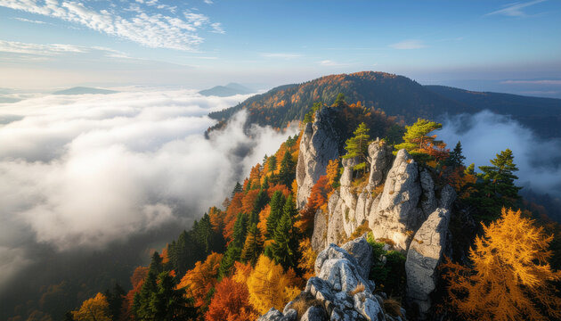 A dramatic mountain ridge covered in vivid autumn foliage and rugged rocks, overlooking a deep valley blanketed by a dense layer of morning fog.