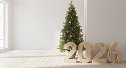 A minimalist room features a decorated Christmas tree and large wooden numbers spelling out 2026, bathed in natural light from a window