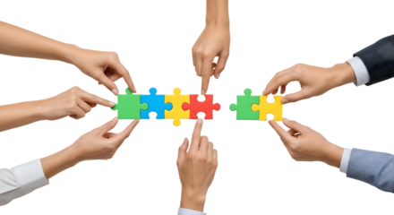 Hands assemble puzzle pieces to demonstrate teamwork and collaboration, isolated on transparent background