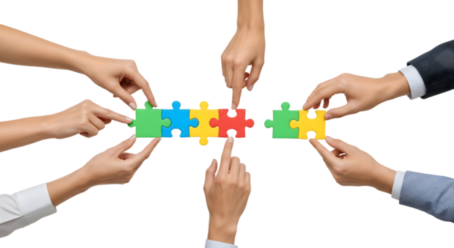 Hands assemble puzzle pieces to demonstrate teamwork and collaboration, isolated on transparent background