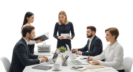 A business meeting taking place with five people gathered around a table , isolated on transparent background