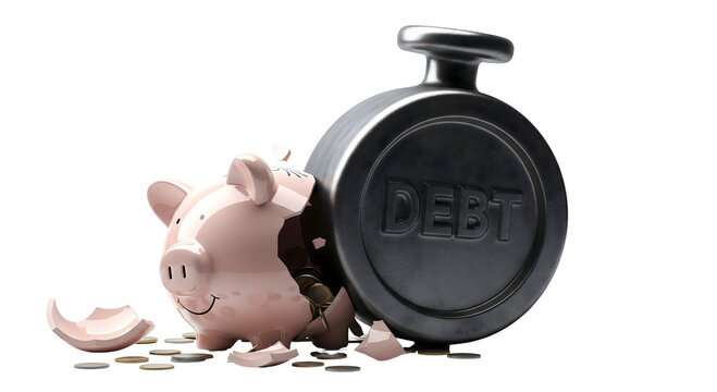 A shattered piggy bank being crushed by a weight labeled DEBT, isolated on transparent background