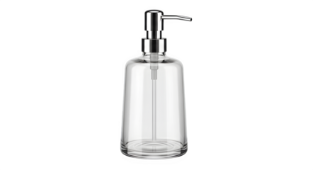 Elegant clear glass soap dispenser with silver pump isolated on transparent background