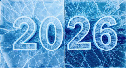 Bright blue ice with frosty white cracks frames the glowing 2026 numbers