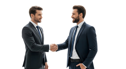 Two businessmen shaking hands, symbolizing agreement or partnership. They are both wearing suits and smiling at each other, isolated on transparent background