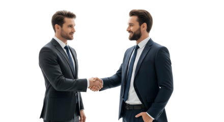 Two businessmen shaking hands, symbolizing agreement or partnership. They are both wearing suits and smiling at each other, isolated on transparent background