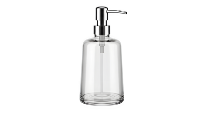 Elegant clear glass soap dispenser with silver pump isolated on transparent background