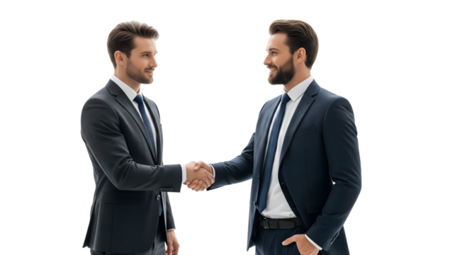 Two businessmen shaking hands, symbolizing agreement or partnership. They are both wearing suits and smiling at each other, isolated on transparent background - Powered by Adobe
