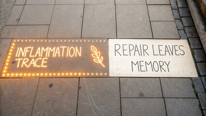 Illuminated sidewalk message highlighting inflammation and repair, urging reflection on health and healing in urban setting.