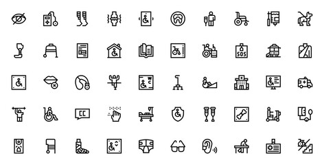 Disabled people assistance icon set. Vector illustraion. Featuring wheelchair,blind, hearing aid, prosthsis, rehabilitation, hospial, braille, ambulance andmore. Editable stroke.