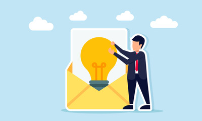 Businessman taking a lightbulb from a document envelope illustration of receiving input or advice for applying business ideas and innovation