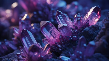 Stunning cluster of amethyst crystals gleaming with purple and blue light, wellness, spirituality, and geology themed projects