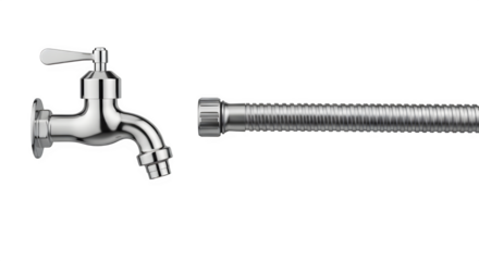 Shiny chrome faucet and flexible metal hose isolated on transparent background for bathroom