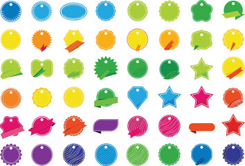 Huge set of colorful vector price tags and sale labels, blank discount stickers collection with ribbons and geometric shapes for retail.