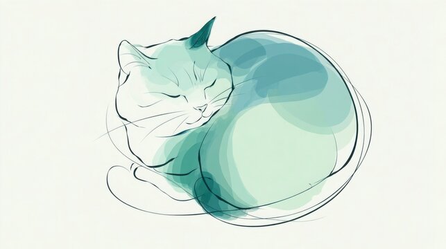 Chubby minimal cat, curled round body, soft pastel colors, clean vector lines, white background