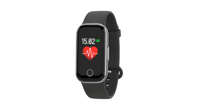 Modern smart watch with heart rate monitor display isolated on transparent background