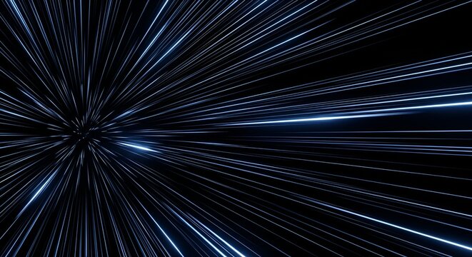 Abstract hyperspace jump speed motion background with light trails on black