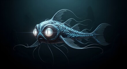 Alien aquatic creature swims in the depths of the ocean with glowing blue patterns