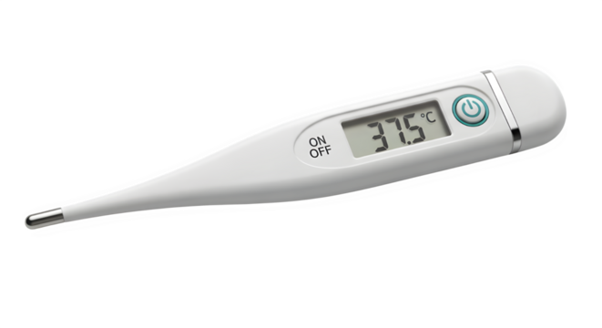 Digital thermometer showing a temperature of 375 degrees celsius isolated on transparent background