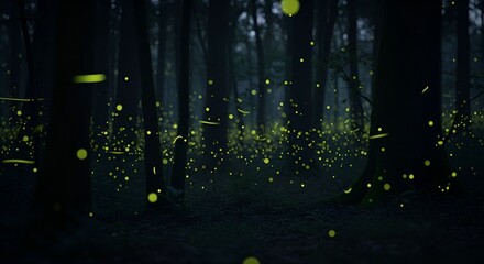 Enchanting fireflies illuminate a mysterious dark forest at twilight with ethereal glow