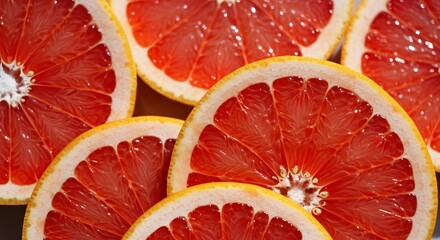 Bright Red Grapefruit Slices with Juicy Interior on Black Background