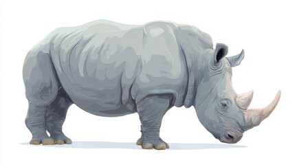 Obraz premium Chubby minimal rhinoceros, rounded body, tiny horn, pastel grey, clean vector lines, white background