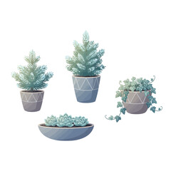 Frosted Balcony Potted Plants – Minimal Winter Flat Vector Illustration