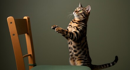 Bengal Cat Playing with Chair in Studio Setting