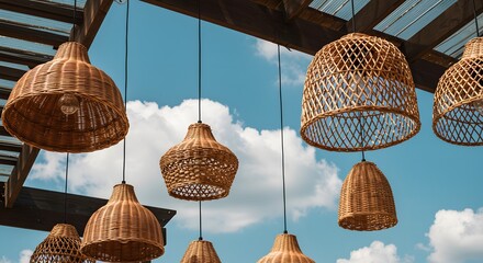 Wicker Pendant Lights Hanging Under Wooden Roof Against Blue Sky with Clouds