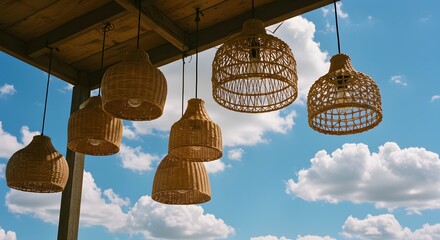 Wicker Pendant Lights Hanging Under Wooden Roof Against Blue Sky with Clouds