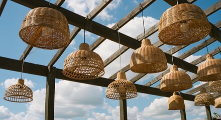 Rattan Pendant Lights Hanging in Open Wooden Structure Under Blue Sky